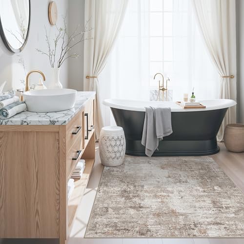 4x4 Square Entryway Rug Washable – Non-Slip Small Area Rug for Kitchen or Bathroom, Soft Low-Pile Indoor Mat, Modern Abstract Thin Door Carpet (Beige Grey) - Image 4