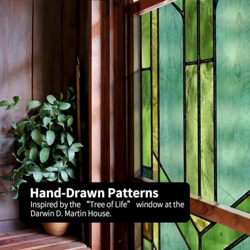 Original Hand Drawn Faux Stained Glass Window Film, Double-Sided Privacy Static Film, Vibrant Chartreuse Geometry Patterns Inspired by Martin House Peep Proof 22.83"X114.17" - Image 5