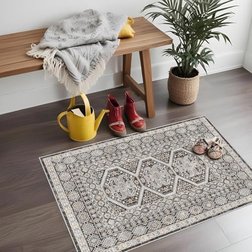 2x3 Area Rug Washable Vintage: Non Slip Throw Rugs for Entryway Floor Black by Ksrau