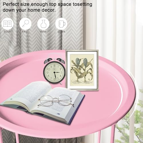 Garden 4 you End Table Metal Side Table Pink Round Folding Tray Cyan Sofa Small Accent Fold-able Table, Round End Table Tray, Next to Sofa Table, Snack Table for Living Room and Bed Room - Image 4
