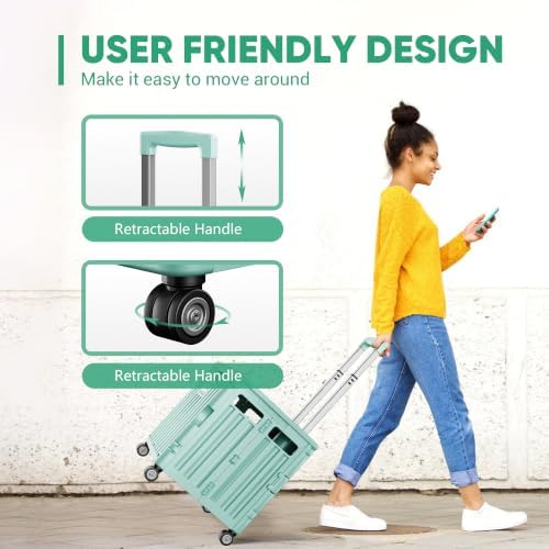 Folding Utility Cart with Lid, Portable Rolling Crate Handcart Collapsible Shopping Trolley, Durable Plastic Foldable Tool Basket with 4 Rotate Wheels for Grocery, Office, Luggage, School - Cyan - Image 5