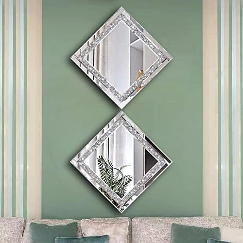 Meetart Crystal Crush Diamond Silver Mirror 12'' x 12'' 2PCS,Frameless Stylish Gorgeous Diamond Decor Glam Glass Mirror. for Bedroom Bathroom Hanging Mirror Home for Wall Decor. - Image 2