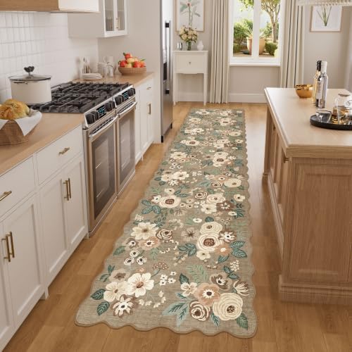DUKINO 2.6x8 Runner Rug, Floral Washable Kitchens Rug Non Slip Light Taupe - Image 5