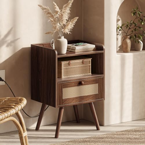 SUPERJARE Nightstand with Charging Station & Rattan-Like Decor Drawer - Image 5
