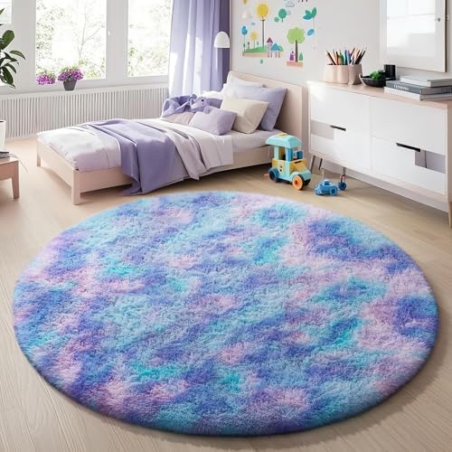 Ophanie Round Rugs 5Ft Tie-Dye Rainbow Purple Area Rug,Aesthetic Room Decor,Fluffy Fuzzy Bedroom Carpet,Plush Soft Shaggy Colorful Living Room Rugs for Kids Home,Nursery with Over 99 pcs Pile fibers by Ophanie