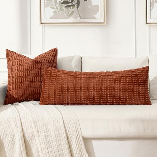 MIULEE Fall Lumbar Corduroy Throw Pillow Cover for Bed 14x36 Dark Rust - Image 3