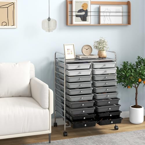 Giantex 20 Drawers Rolling Cart, Mobile Storage Drawer Cart, Classroom Organizer Cart for Office School Supplies Teacher Tools Paper Craft Small Printer, Utility Cart on Wheels, Gradient Grey - Image 2