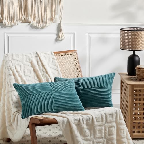Fancy Homi 2 Packs Teal Lumbar Decorative Throw Pillow Covers 14x24 Inch for Living Room Couch Bed Sofa, Rustic Farmhouse Boho Home Decor, Soft Striped Corduroy Rectangle Accent Cushion Case 35x60 cm - Image 6