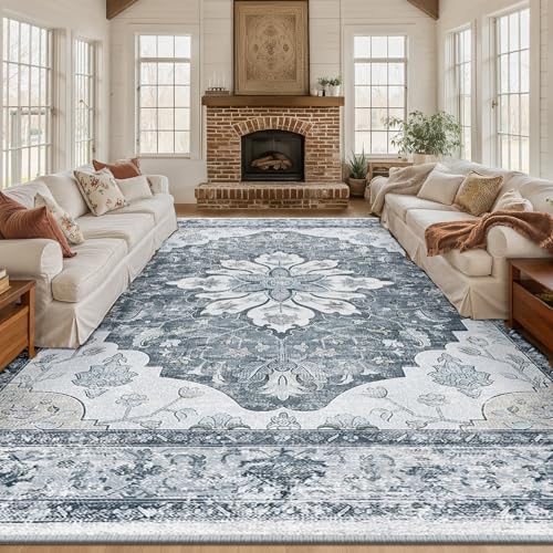 RELEANY Washable Area Rug, Large 10'x12', Grey/White/Beige - Image 2