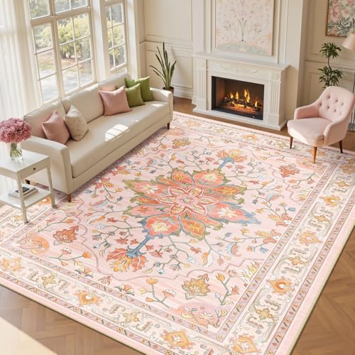 RELEANY Washable Area Rug, Large 9'x12', Pink/Light Pink/Colorful - Image 2
