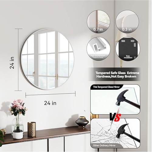 SCWF-GZ 24" Round Mirror Circle Wall Mounted Hanging/Against Wall Silver - Image 3