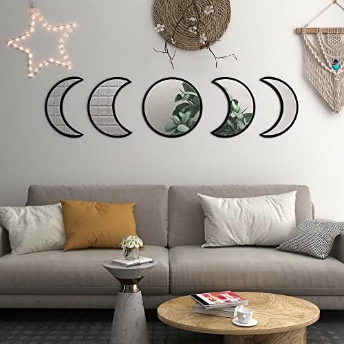 5-Piece Black Acrylic Moon Phase Wall Mirror Set - Shatterproof Safety Design, Easy Stick-On Installation, Boho Celestial Decor for Bedroom Living Room - Image 5
