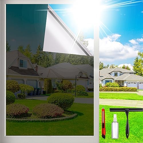 One Way Privacy Window Film Sun Blocking, Heat Blocking Window Tint for Home See Out But Not in, Static Cling & Anti UV, Black-Silver,17.5 Inch x 78.74 Inch by windowfilm