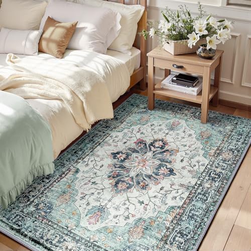 RELEANY Washable Area Rug, 3'x4', Teal Green/White/Navy by RELEANY