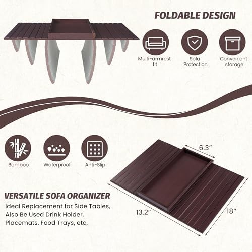 GEHE Bamboo Sofa Arm Tray, Foldable Couch Arm Tray Side Table, Anti-Falling Armrest Tables Cup Holder for Snacks, Drinks, Beers, Phone, Control, Flexible and Portable, Anti-Slip - Image 3