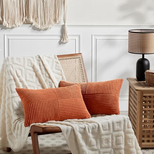Fancy Homi Set of 2 Burnt Orange Lumbar Decorative Throw Pillow Covers 16x32 Inch for Living Room Couch Bed, Boho Farmhouse Fall Home Decor, Soft Corduroy Corss Patchwork Cushion Case 40x80 cm - Image 6