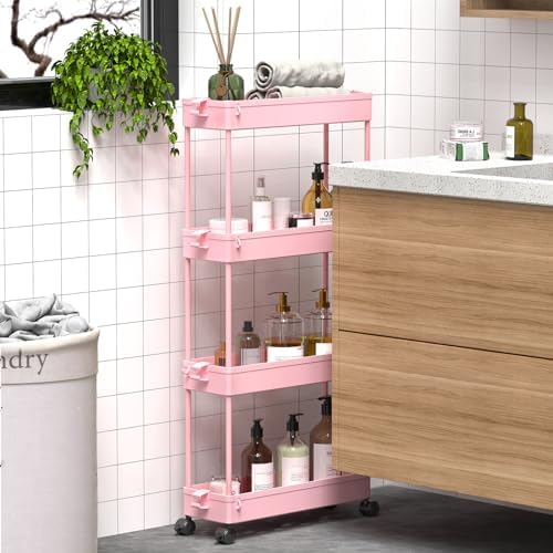 SPACEKEEPER Slim Rolling Storage Cart, 4 Tier Bathroom Cart Organizer, Pink - Image 6