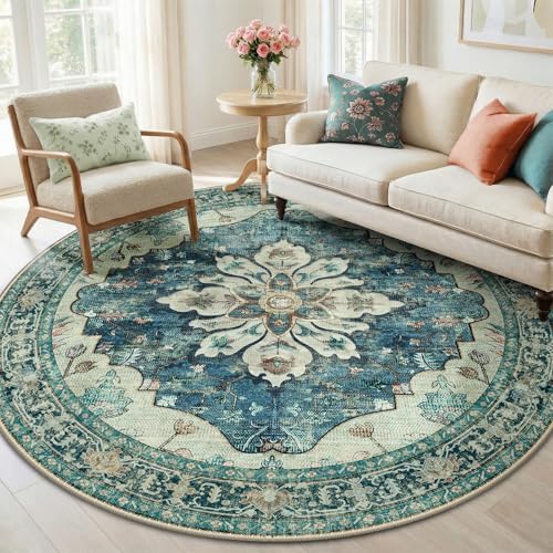 RELEANY Washable Area Rug, Round 6ft, Blue/Vintage Dark Blue by RELEANY