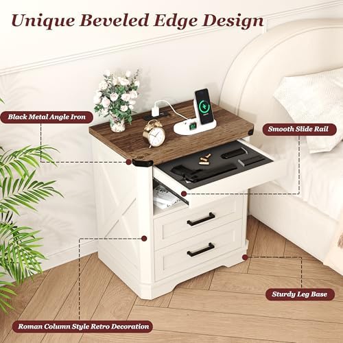 Yusong Farmhouse Night Stand with Gun Drawer & Invisible Lock, Rustic Wooden Night Stand with Charging Station, Beside Table with Drawers and Open Storage, End Tables for Bedroom, (White 004) - Image 7