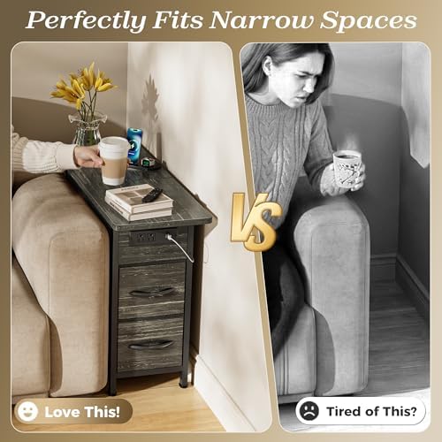 Huuger Narrow End Table with Charging Station, Side Table with 2 Drawers - Image 4