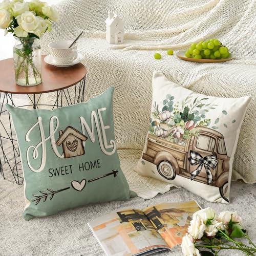AVOIN colorlife Bless Our Home Farmhouse Eucalyptus Leaves Throw Pillow Covers, 18 x 18 Inch Truck Home Sweet Cushion Case Decorations Set of 4 - Image 4