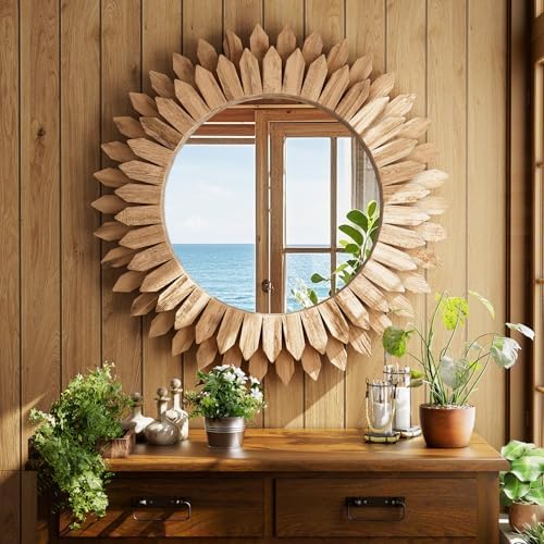 24" Round Sunburst Wooden Mirror Boho Rustic Wall Decor - Image 2