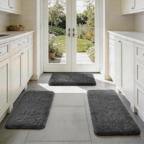Ophanie Small Rug Washable Non Slip Throw Bedside Area Rugs, Fluffy Soft Mini Bedroom Carpet, 1.5x2.5，1.5x4 and 1.5x5 Rug Set, 3 Piece Grey with Over 99 pcs Pile fibers by Ophanie