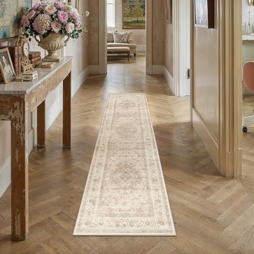 2x7 Beige Washable Runner Rug Non Slip Vintage Carpet - Image 3