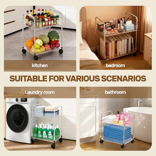 2 Tier Utility Rolling Cart with Wheels Multifunctional Storage Cart Under Desk Storage Organizer with Handle and Hooks for Home Kitchen Office Bathroom Organization Transparent - Image 6
