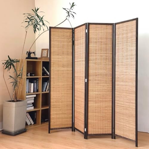 4 Panel Bamboo Room Divider Screen,5.6 FT Tall Bamboo Divider Folding Panel Screen,Freestanding Panel Divider for Room Seperation,Brown by PawlaBay