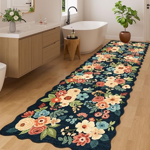 DUKINO 3x10 Runner Rug, Non Slip Floral Washable Rug for Hallway, Navy Blue - Image 4
