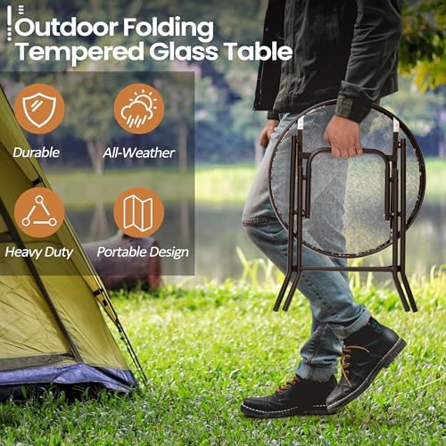 Foldable Side Table with Tempered Glass Top, Brown - Image 3