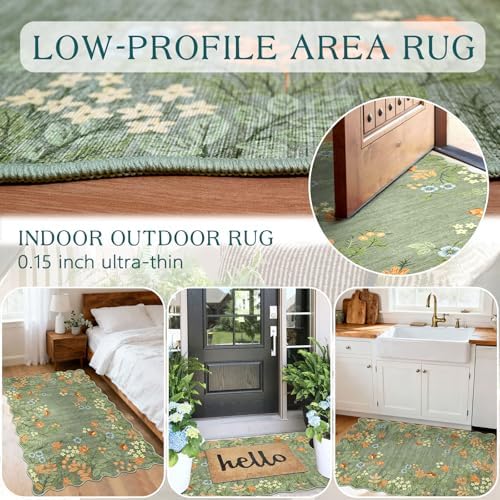 Floral Outdoor Rug - 28" x 43" Front Door Mat Indoor Outside Entrance Non-Slip Washable Outdoor Mat Sage Green Boho Flower Rug for Entryway Kitchen Bedroom Layered Doormat for Front Porch - Image 4