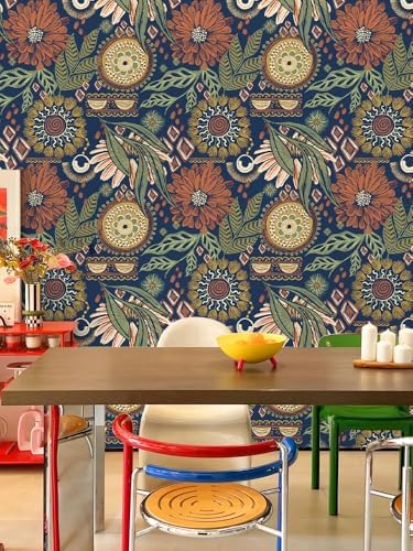 HAOKHOME Navy Orange Floral Peel and Stick Wallpaper Bathroom Boho Vintage | Renter Friendly Removable Self Adhesive Textured Wall Paper Olive Botanical Bedroom Kitchen Accent Wall Decor 17.3in x 9.8ft - Image 4