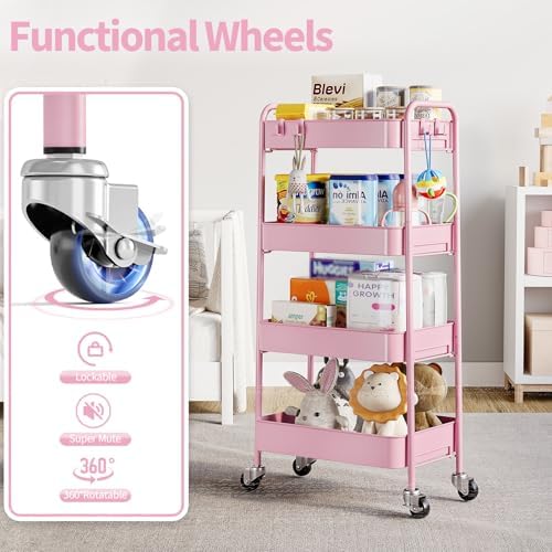 TOOLF 4 Tier Metal Rolling Cart, Utility Storage Cart with Wheels, Pink | Screwless Assembly, Lockable Metal Wheels, Trolley Organizer for Bathroom, Kitchen, Office, Dorm, Laundry, Craft Room - Image 5