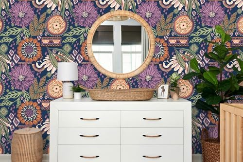 HAOKHOME Peel and Stick Wallpaper Boho Navy Purple Terracotta Retro Floral | Renter Friendly Removable Textured Vintage Moody Botanical Wall Paper for Bathroom Bedroom Accent Wall Decor 17.3in x 9.8ft - Image 4