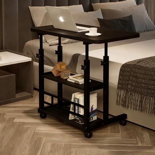 VebaCidi Medical Overbed Bedside Table with Two Shelves and Wheels (Hospital and Home Use), 31 1/2" Desk with Non Tilt Wooden Top, Adjustable Height (Black Desktop and Legs) - Image 5
