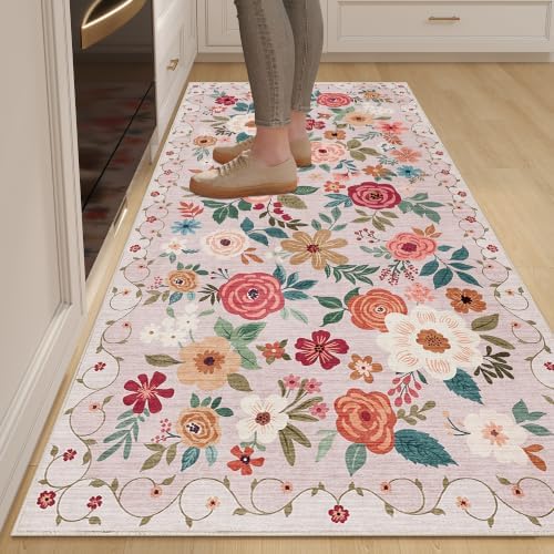 DUKINO 3x6 Runner Rug, Non Slip Floral Washable Rug for Kitchen, Beige by DUKINO