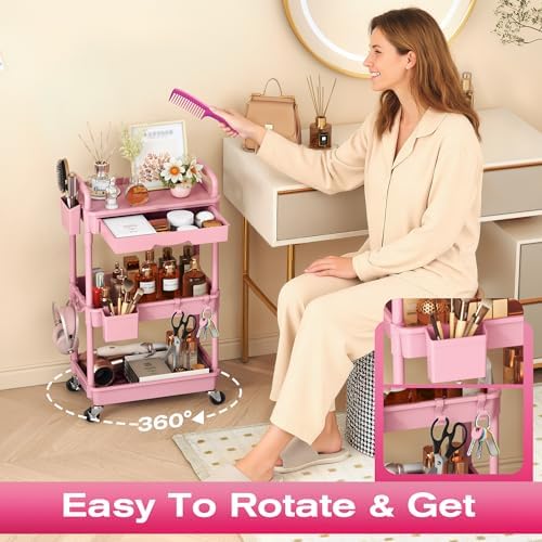 Goovilla Rolling Makeup Organizer Cart with Removable Drawer, 3 Tier Pink - Image 5