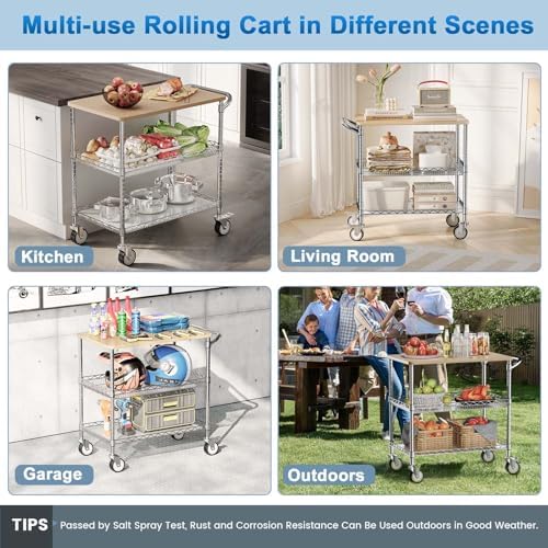 Rolling Kitchen Carts with Wheels, 3-Tier Utility Cart with Wood Tabletop - Image 5