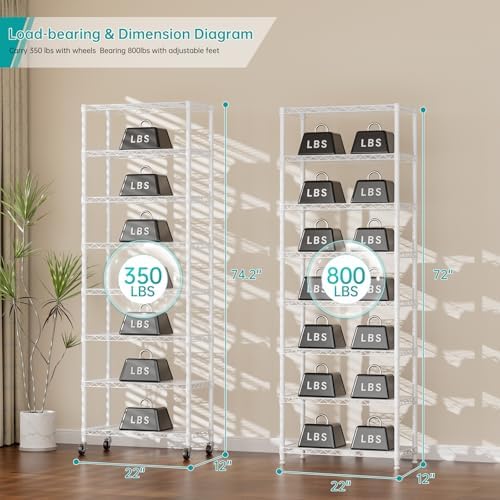 SINGAYE 8 Shelves Storage Wire Shelf Closet Metal Shelving Pantry Wheels - Image 3