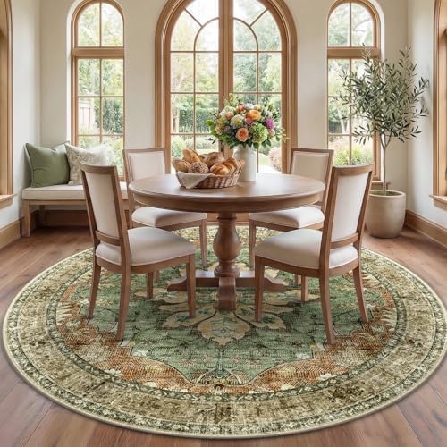 RELEANY Washable Area Rug, Round 7ft, Brick/Brown/Green by RELEANY