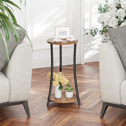 Simple Trending Round Side Table, 2 Tiers End Table for Living Room with Storage Shelf, Slim Sofa Table Set of 2, Rustic Brown - Image 5