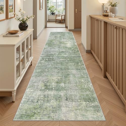 Soalmost Abstract Runner Rug 2x8 Hallway Kitchen Runners Green/Ivory - Image 3