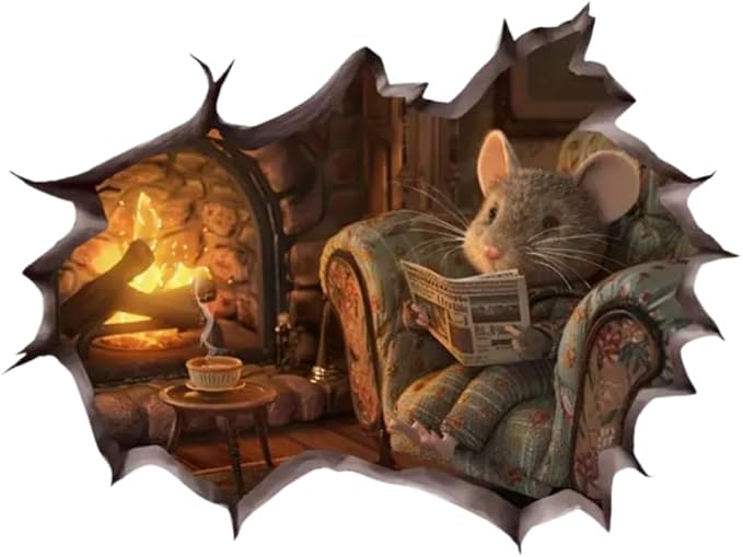 Cozy Mouse Wall Decal, 3D Fireplace Scene Decorative Sticker, Vinyl Home Decor (Cozy) - Image 2