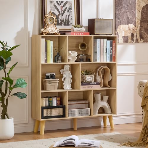 LEYAOYAO 8 Cube Bookshelf,Mid-Century Modern Bookcase with Legs,Light Wood - Image 4