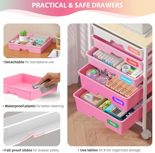 Goovilla Rolling Cart with 5 Drawers for Craft, Art, Dorm, Office, Pink - Image 3