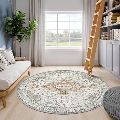 Moynesa Ultra-Thin Washable Round Rug - 6ft Large Living Room Circle Area Rugs, Vintage Dining Room Mat Stain Resistant Nursery Carpet for Bedroom Mudroom Kitchen Apartment Home Office - Image 7
