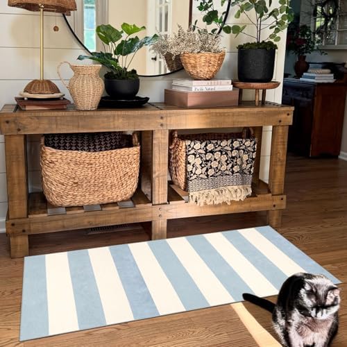 Front Door Mat Indoor Entrance - 2x4.3 Ft Washable Layered Doormat Outdoor Entrance Welcome Mat Front Porch Rug Non-Slip Blue White Striped Runner Rug for Kitchen Bedroom Front Porch Decor - Image 5