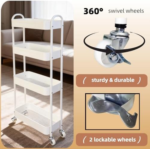 4 Tier Slim Kitchen Storage Cart for Narrow Space, 7.1'' Wide Metal Rolling cart with Wheels and Lockable Casters, Sturdy Mobile Thin Shelf for Laundry Room Between Washer and Dryer, White - Image 4